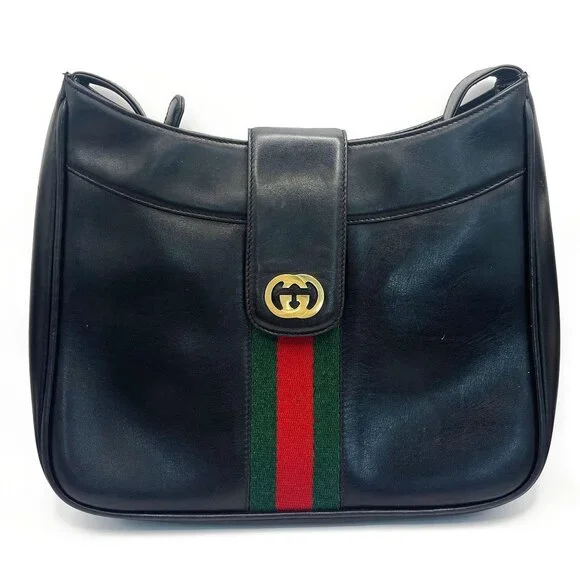 Authentic GUCCI Ophidia Logo Leather Vintage Shoulder Bag Purse Black - Picture 2 of 12